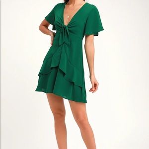 LuLus Green Tie-Front Ruffled Skater Dress